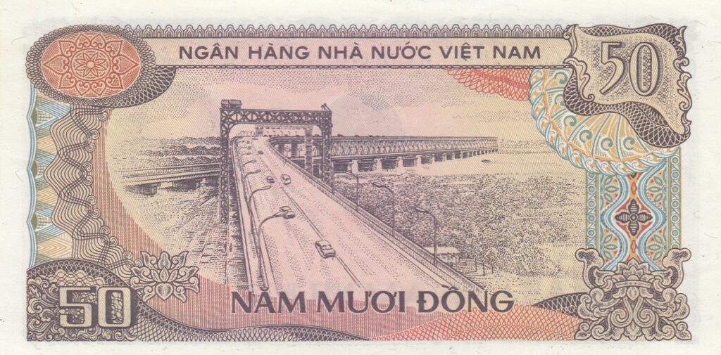 50 Dong Bill showing the Thang Long Bridge in Hanoi, gateway to the mysterious HALONG BAY