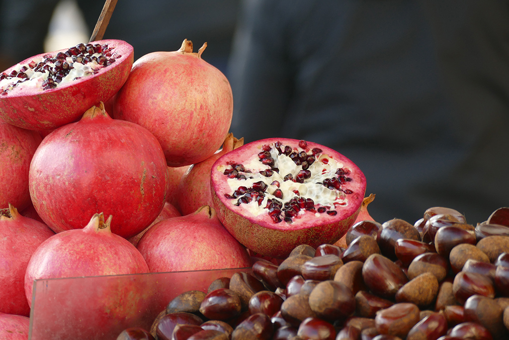 Pomegranate and chestnuts on the market in Athens