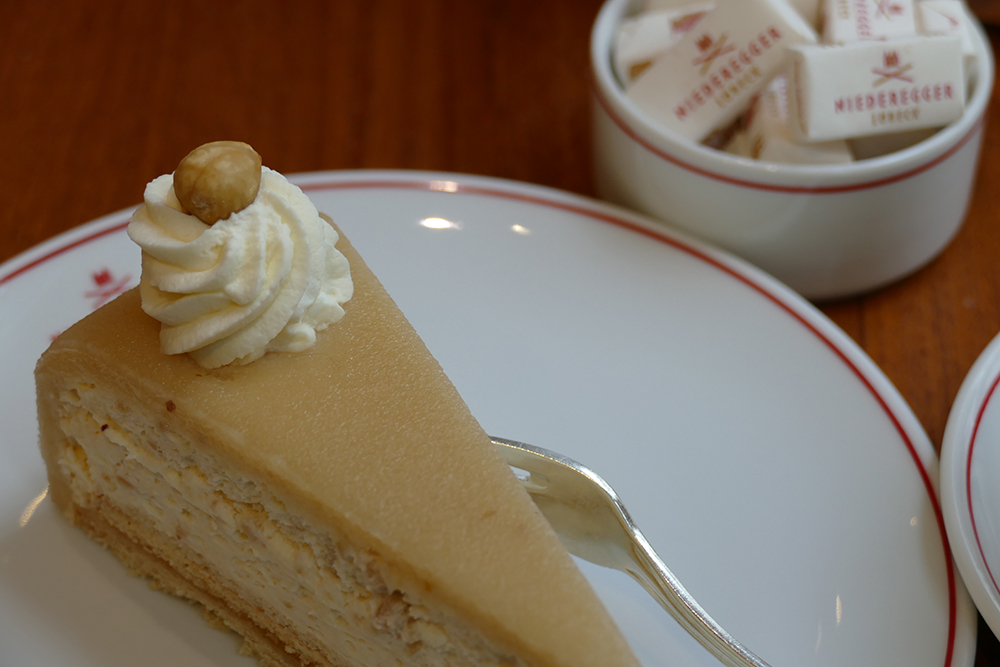 A classic treat from Lübeck is Niederegger's iconic hazelnut cake, topped by a marzipan cover 