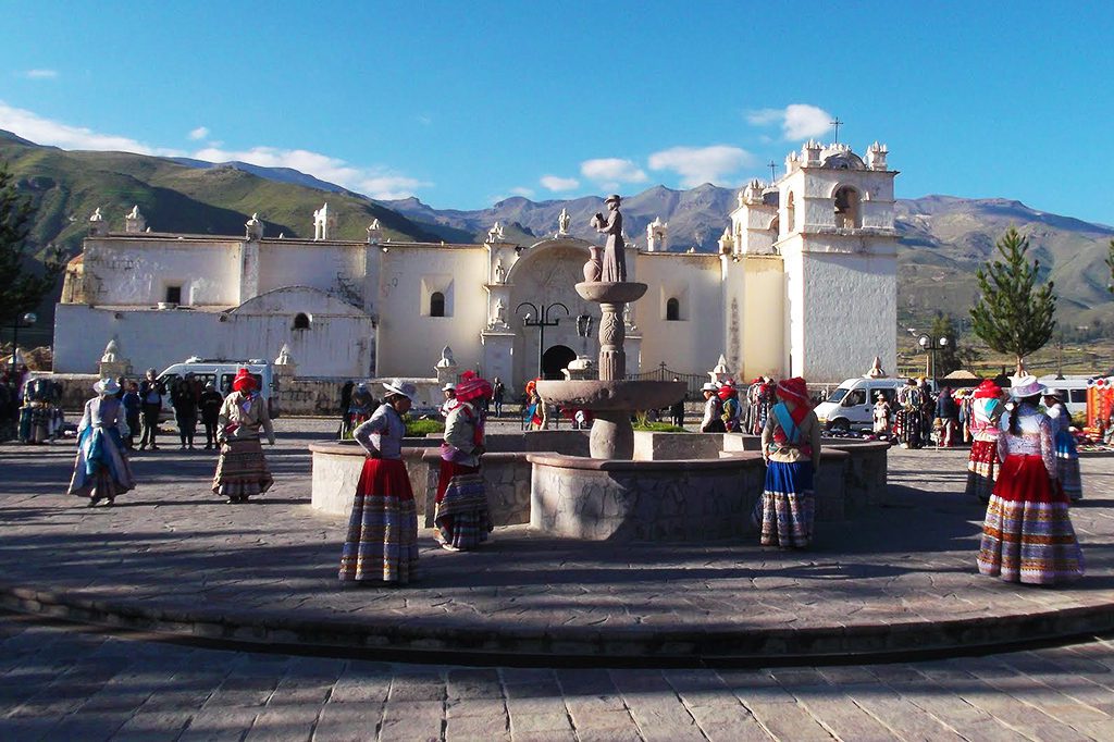  Traditional dancers are welcoming tourists at Chivay - located between Arequipa and the Colca Canyon.