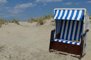 Hooded wicker chairs on the beach of Borkum West of East Frisia