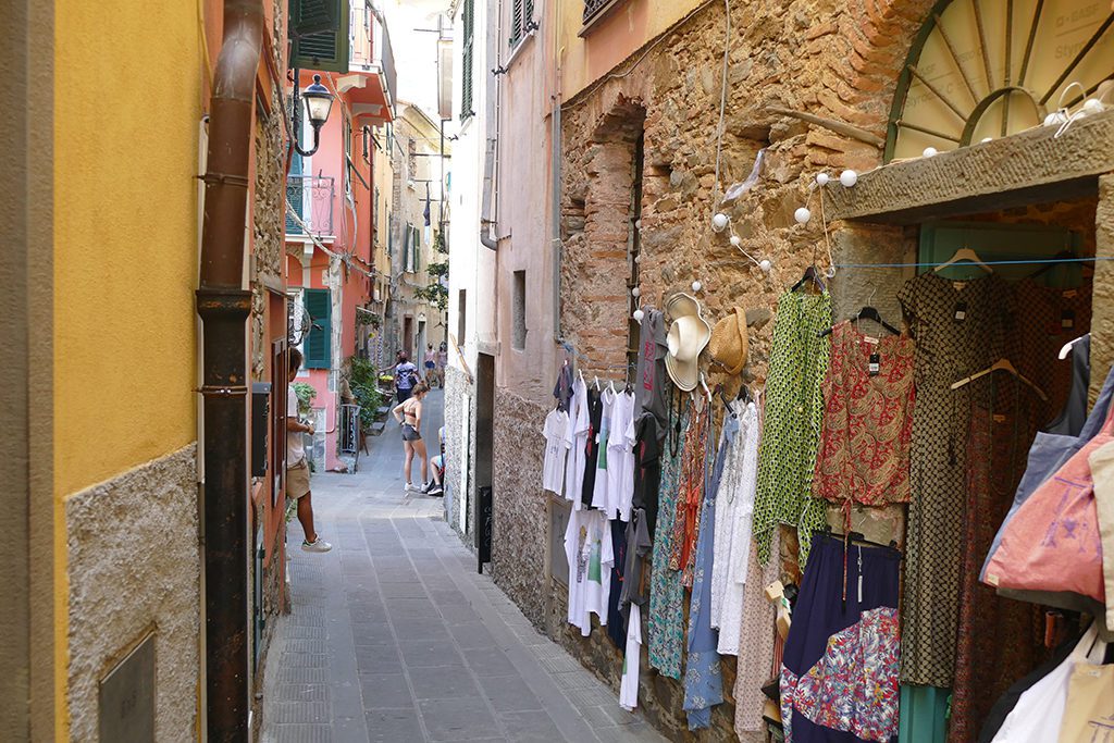 Narrow street at Corniglia, one of the Cinque Terre connected by the world's most picturesque hiking trail