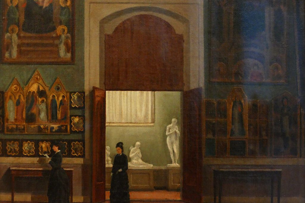 At the Galleria dell'Accademia by Odoardo Borrani shows visitors...At the Galleria dell'Accademia in Florence at the second half of the 19th century.