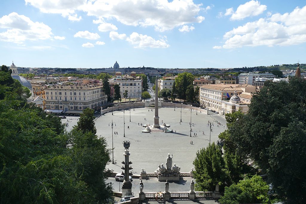 View of the Pincio terrace, the sculptures of the Dea Roma fountain and the Piazza del Popolo