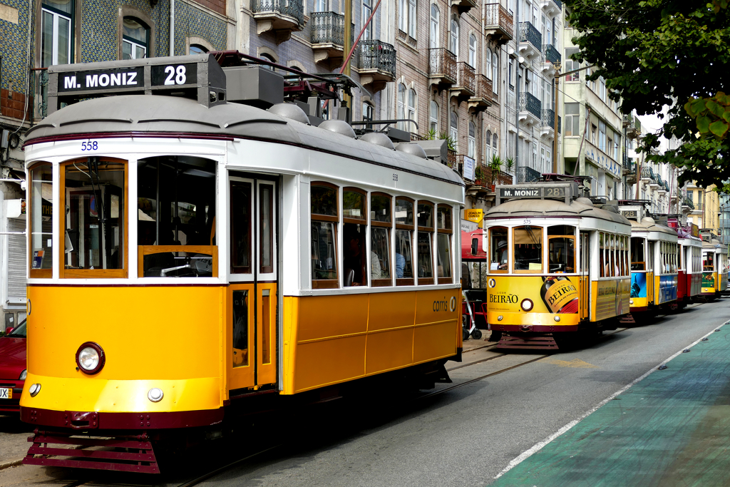 A convoy of trams in Lisbon