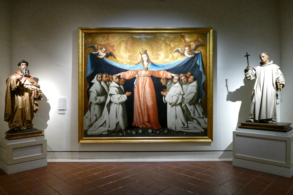 Francisco de Zurbarán's painting La Virgen de las Cuevas flanked by Juan de Mesa's San Ramón Nonato to the left and San Bruno by Juan Martinez Montanes zu the right at the Museo de Bellas Artes de Sevilla