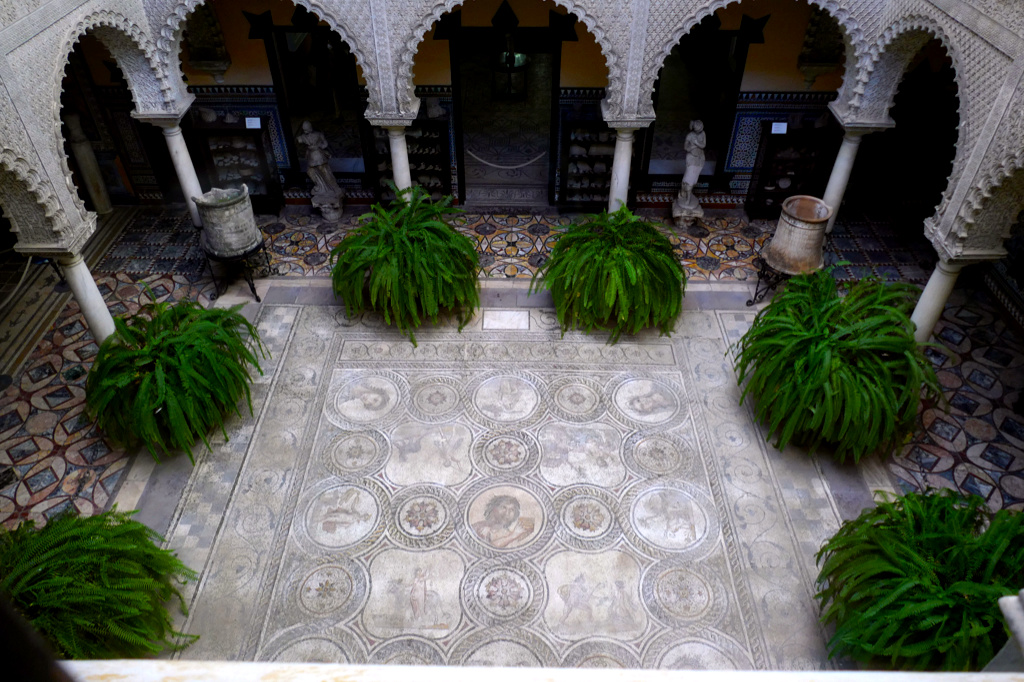 View of the main Roman mosaic decorating the patio on the ground floor at the Palacio de la Condesa de Lebrija in Seville.