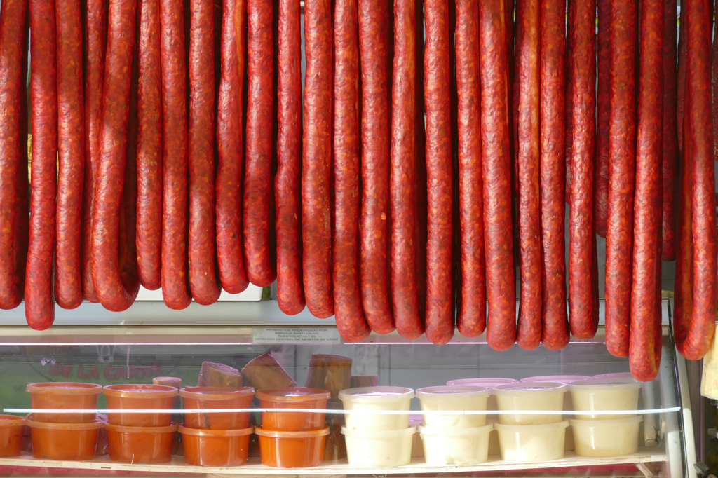 Sausages at the market of Cadiz - - the oldest city in Europe