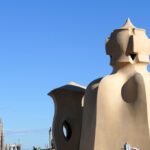 Gaudi's two most iconic works in together: The chimneys of the Casa Mila with the Sagrada Familia in the backdrop.