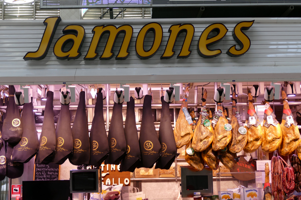 Ham stand at the Central Market in Valencia