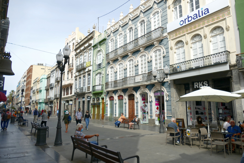 Modernist buildings are lining the pedestrian shopping street Calle Triana in Las Palmas de Gran Canaria.