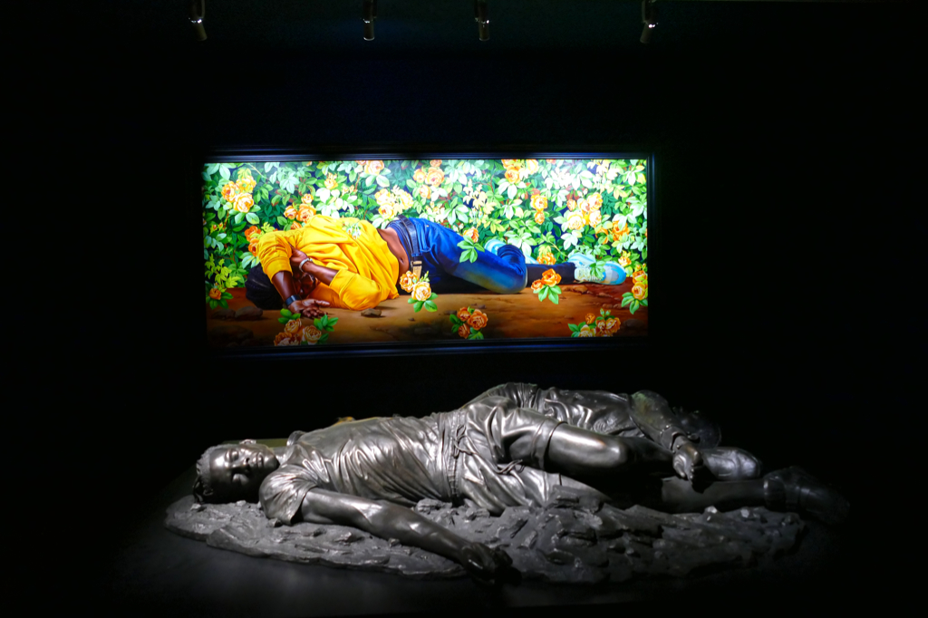 A sculpture and a painting at the exhibition An Archaeology of Silence by Kehinde Wiley at the Fondazione Giorgio Cini on the island of San Giorgio in Venice