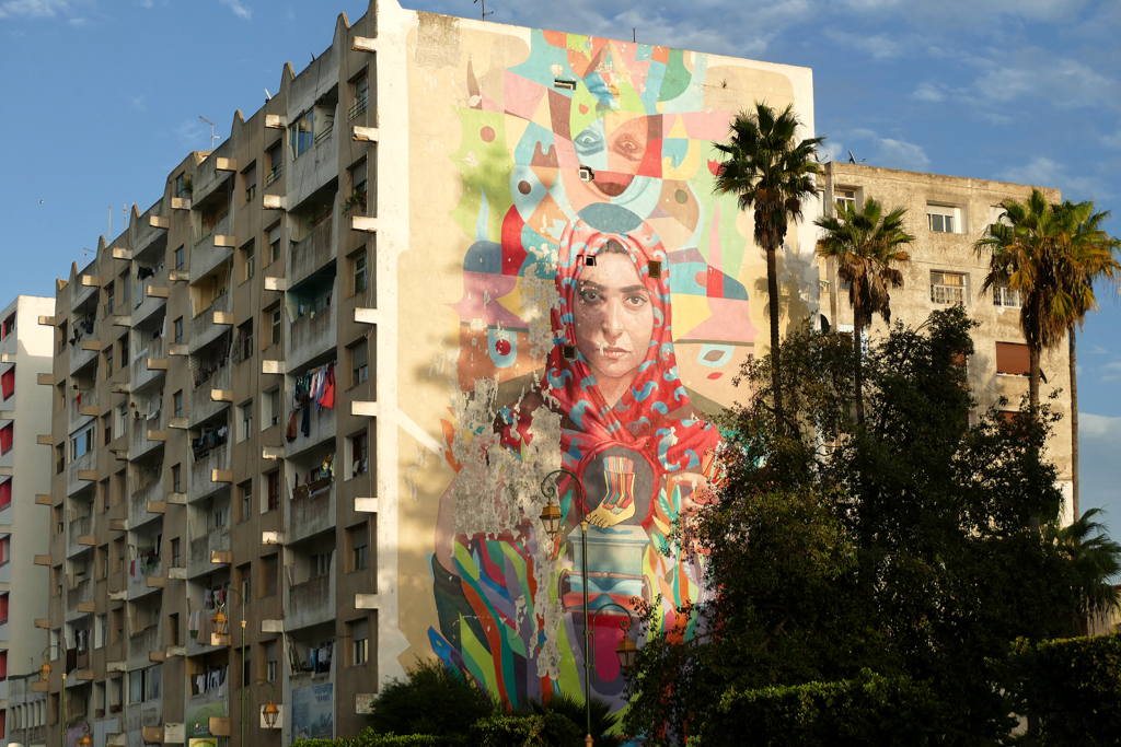 Mural by Peruvian street artist El Decertor and Moroccan street artist Machima.