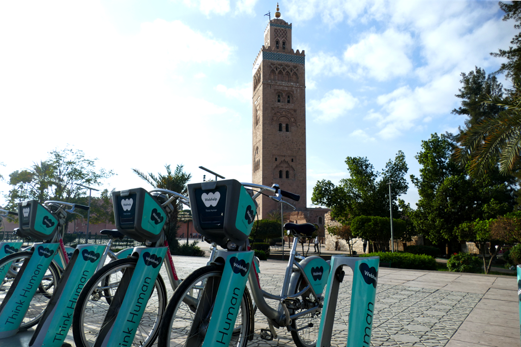 Public rental bikes in Marrakech below the Koutoubia mosque.