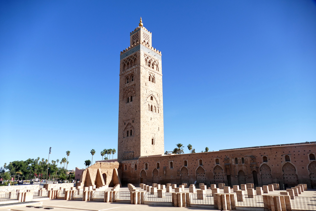 View of the Koutoubia over the ruins of the old Almoravids mosque.