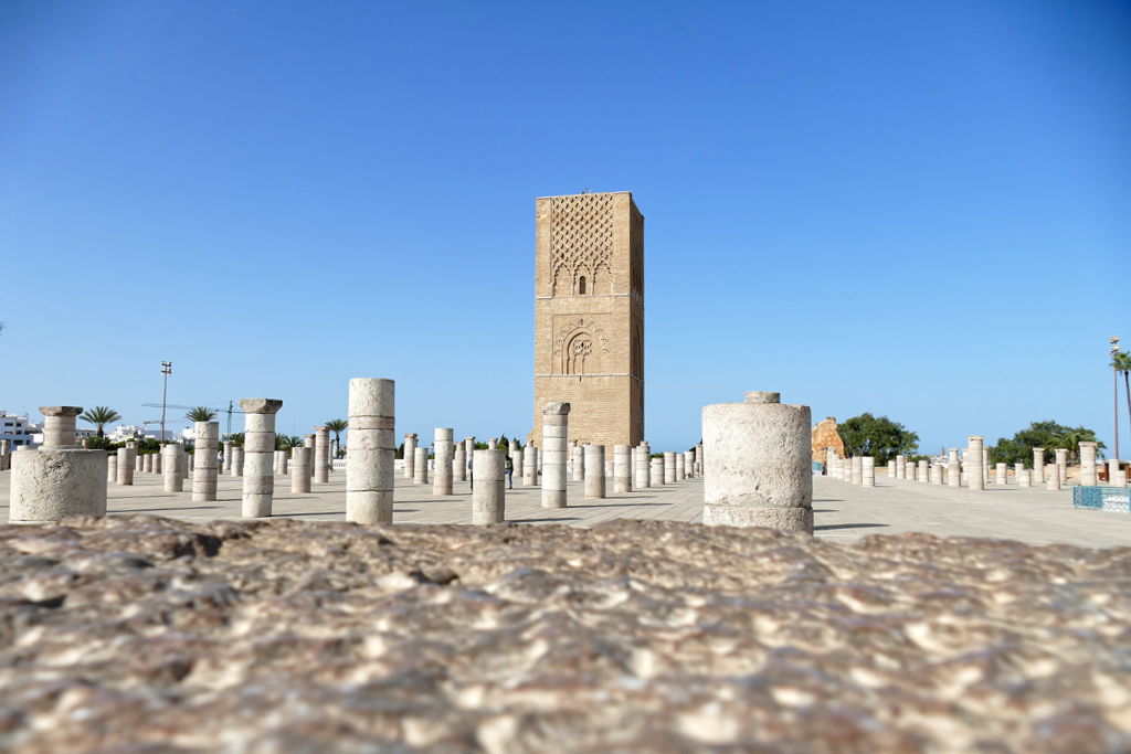Ruins of the Almohad mosque and the Hassan Tower in Rabat, the capital of Morocco visited on two days