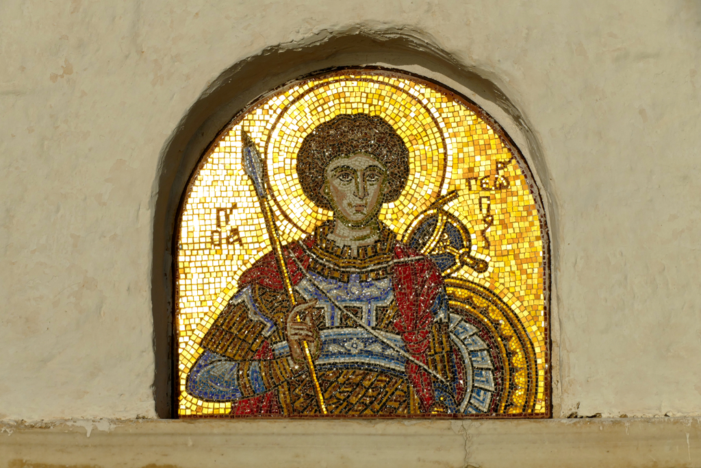 Portrait of Saint George above the door of the Chapel of Agios Georgios in Ios