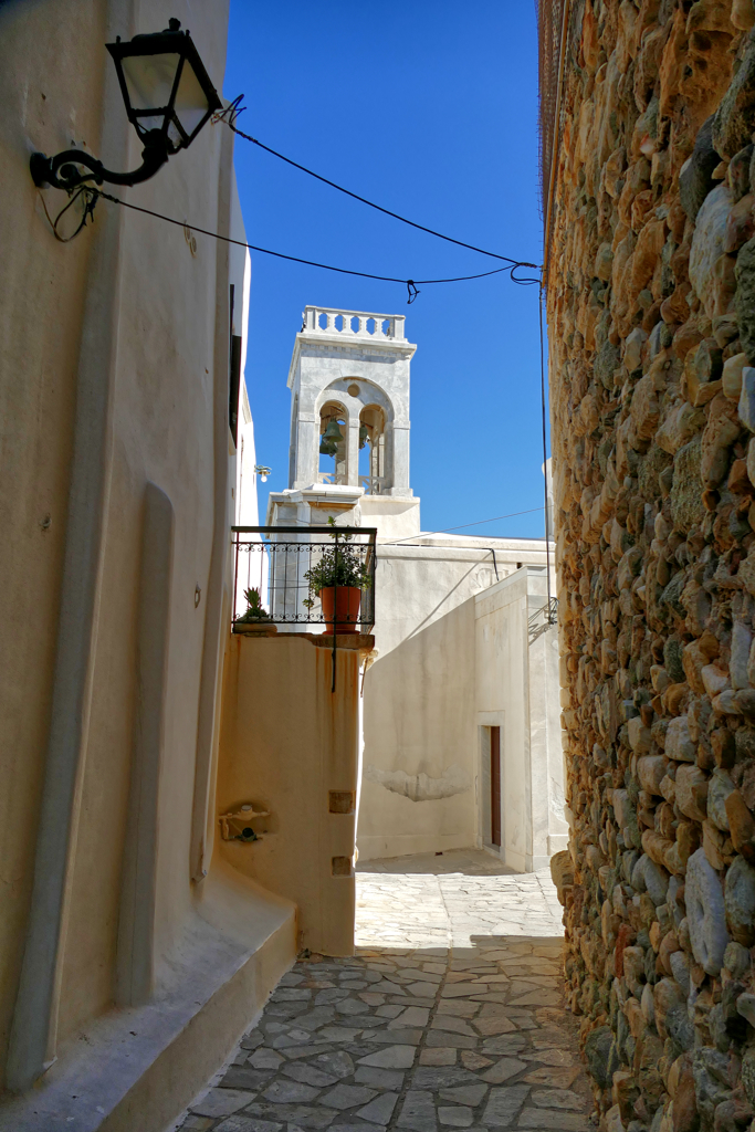 The belltower of the Catholic Cathedral in the Chora's Kastro, the old Venetian fortification.