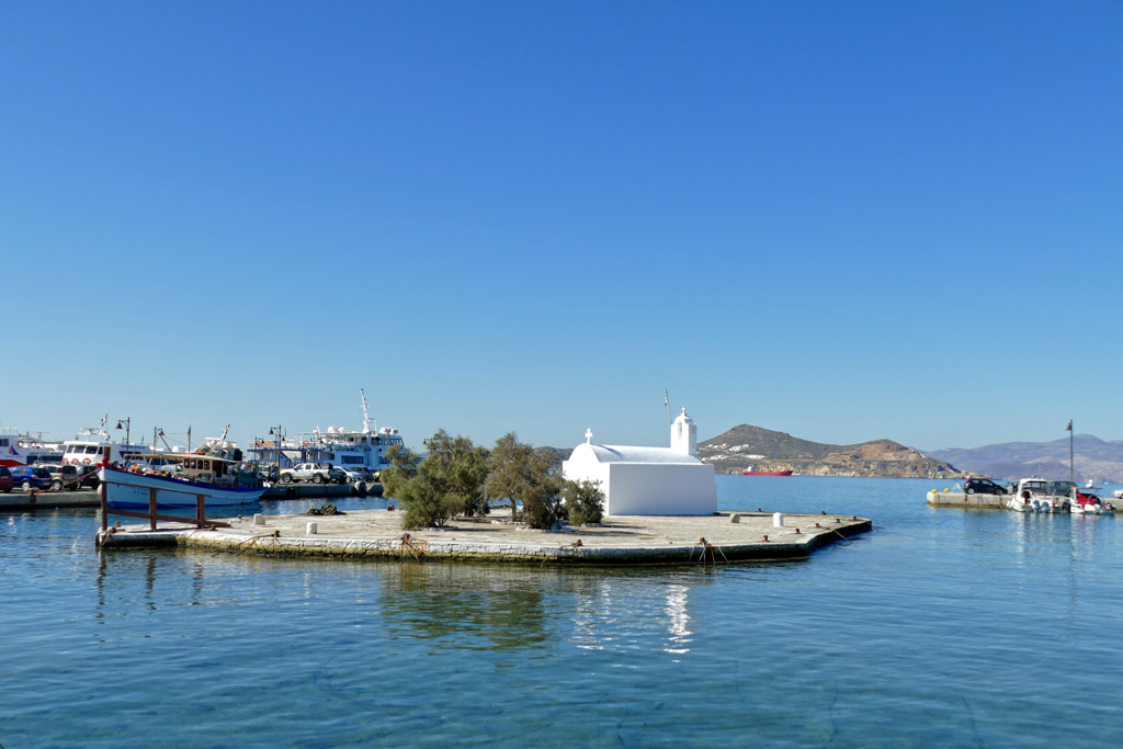 Panagia Mirtidiotissa on an island in Naxos' port.