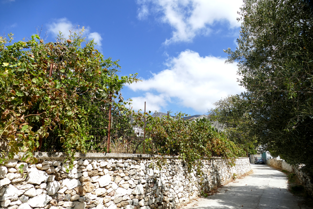 The quaint road behind Filoti's Church of Panagia Protothronos.