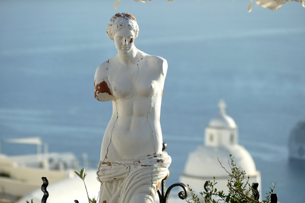 Sculpture in Fira, seen on a self-guided tour by public bus during three days on Santorini