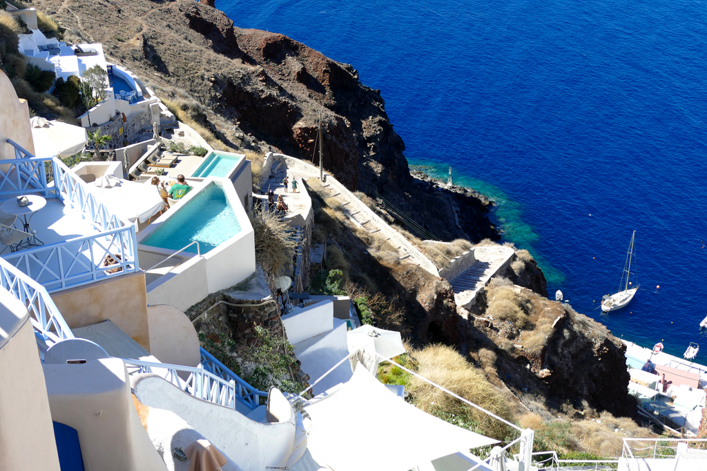 Armeni Bay below Oia, visited on a self-guided tour by public bus during three days on Santorini