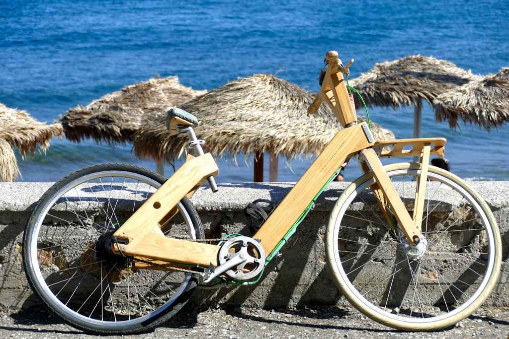 Wooden bicycle in Perissa in Santorini.