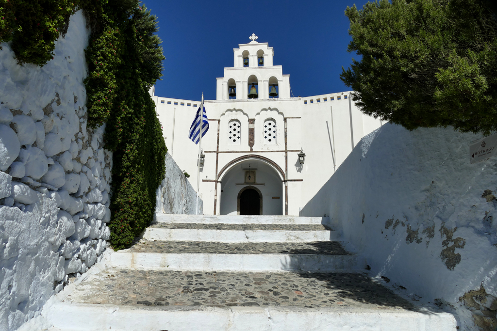 Assumption of the Virgin Mary Holy Orthodox Church in Pyrgos, visited on a self-guided tour by public bus during three days on Santorini