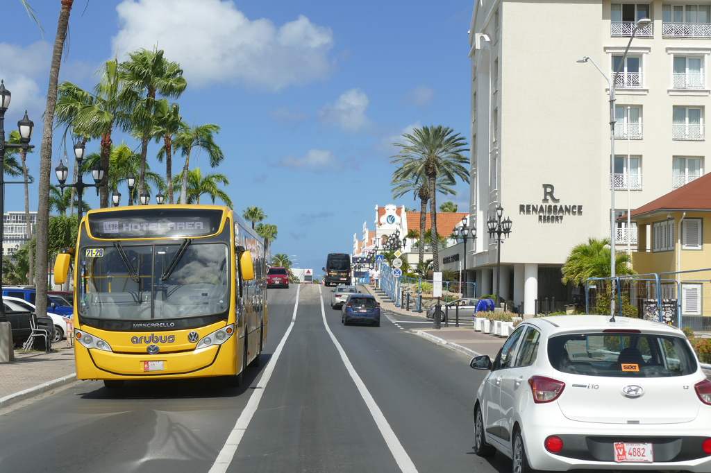 Bus on Lloyd G. Smith Boulevard in Oranjestad, the capital of Aruba