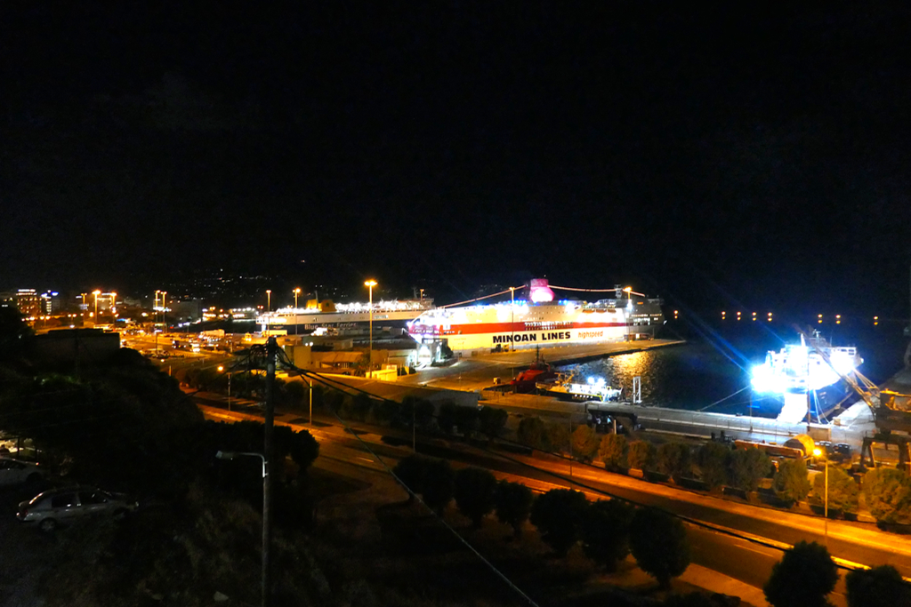 View of the harbor of Heraklion by night.