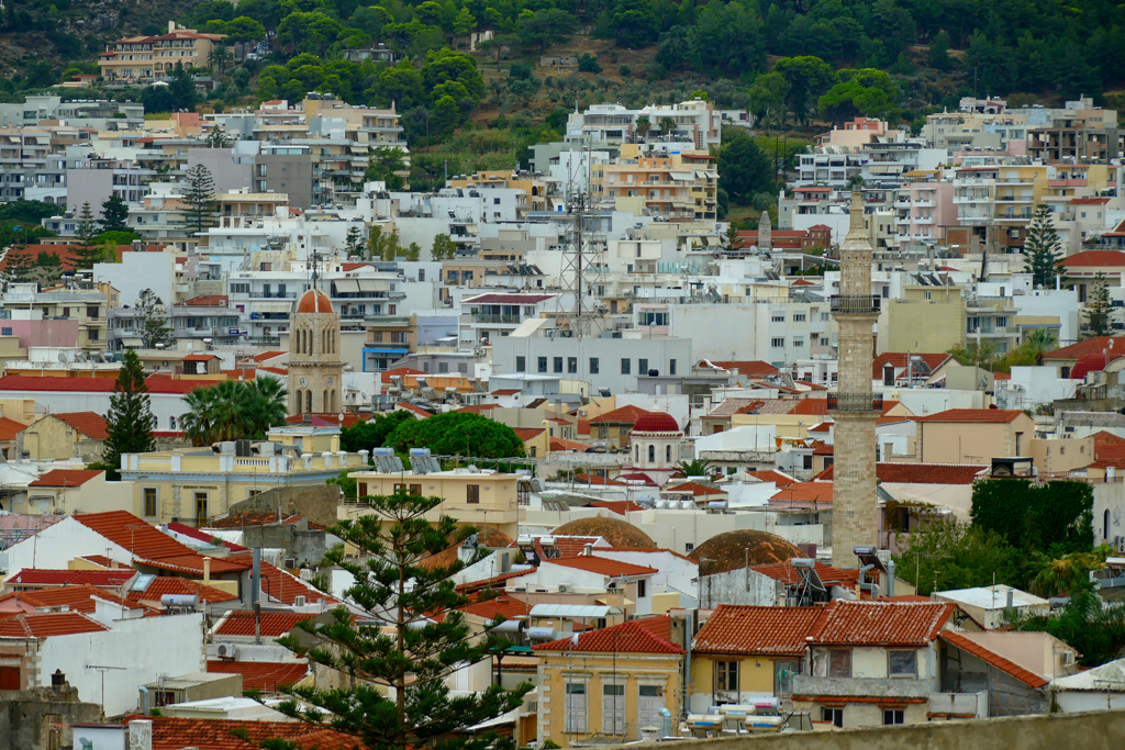 View of the historic old town from the Venetian Fortezza Castle on a day trip to Rethymno.