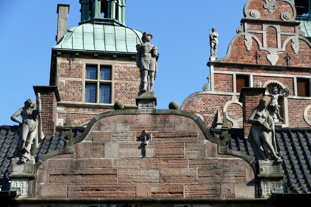 Decorated gables, roofs, and towers of Rosenborg Castle.