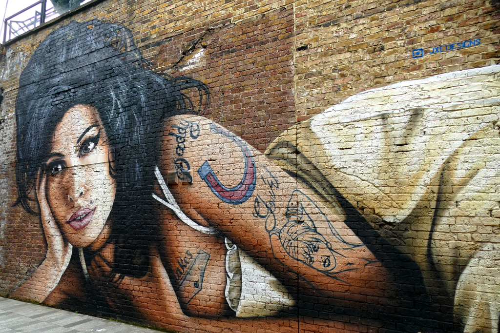 Mural of Amy Winehouse by JXC in London's district of Camden.