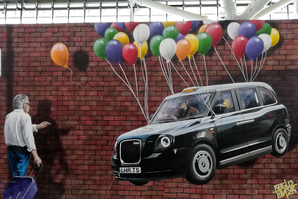 Mural Floating Taxi by Rogue One at London Heathrow Terminal 5.