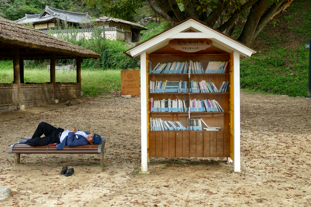 Man sleeping next to bookshelf on the northern bank of the Nakong River in Andong.