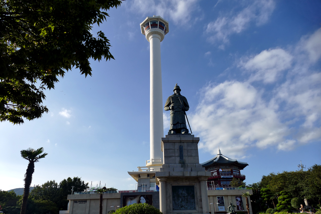 Admiral Yi Sun-Sin and Busan's Diamond Tower.