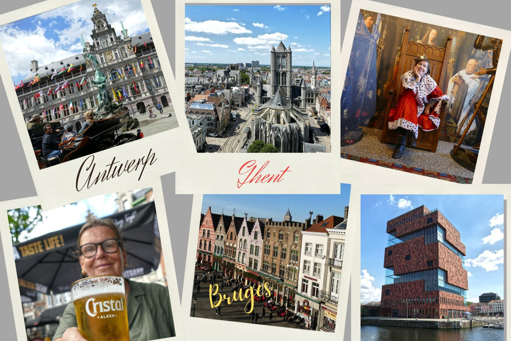 Six pictures of Antwerp, Bruges, and Ghent.