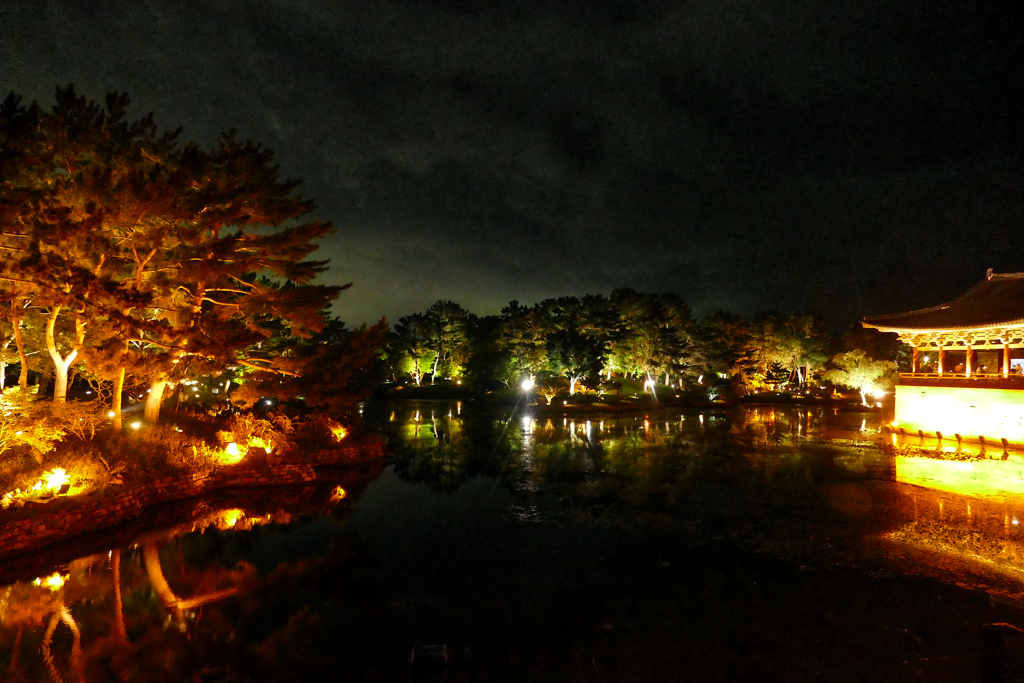 Donggung Palace and Wolji Pond in Gyeongju at night.