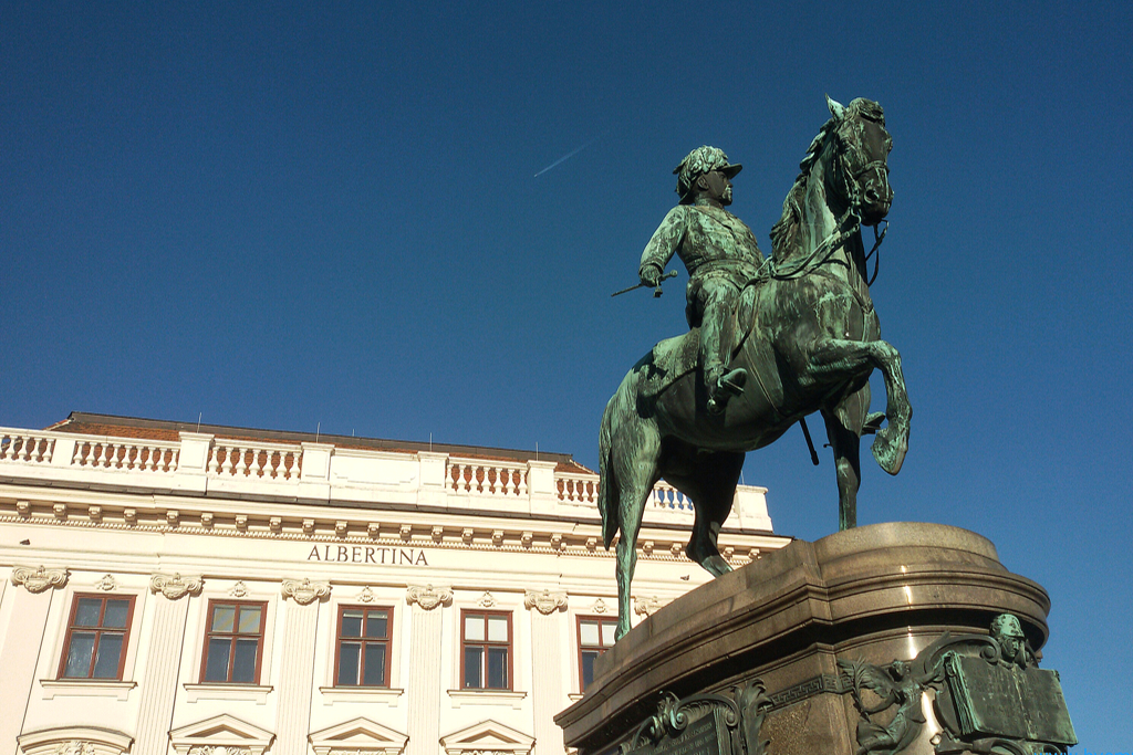 An equestrian statue of Archduke Albrecht in front of the Albertina.