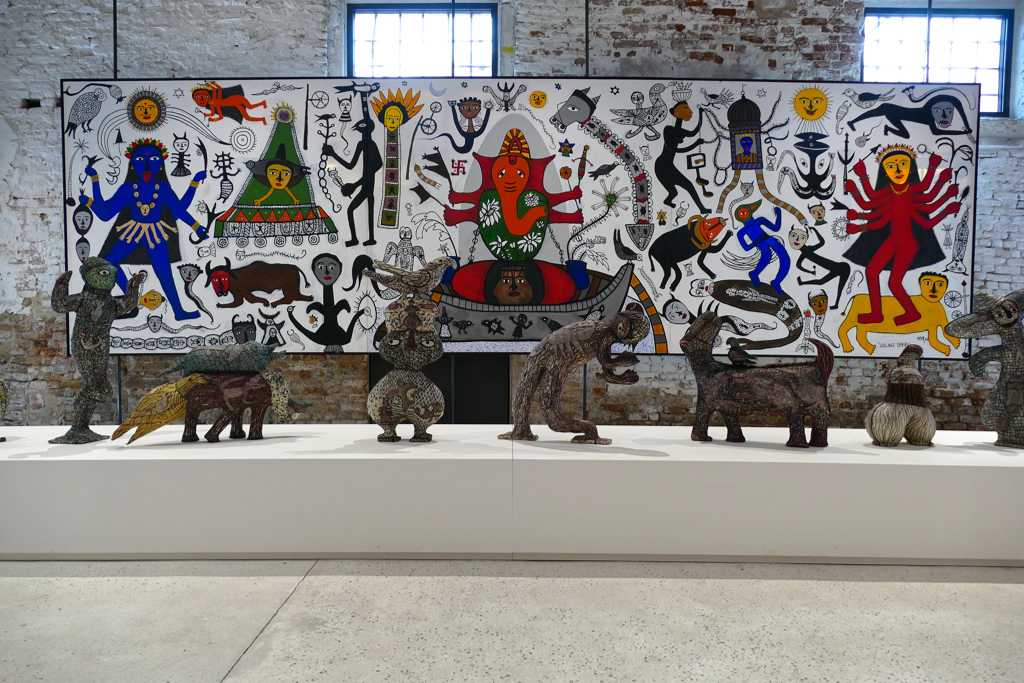 How to visit Biennale Venice 2024: Painting Village Opera and sculptures made from fabric by Madhvi Parekh, Karishma Swali and Chanakya School of Craft Rural Utopia