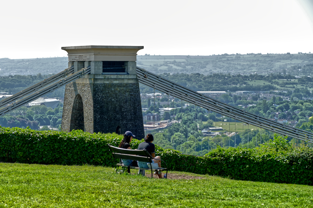 View of the Clifton Suspension Bridge and the city.