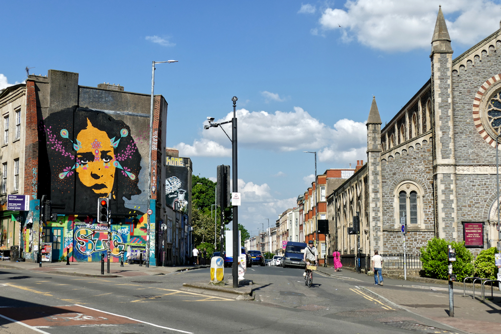 Cyclist at the junction of Stokes Croft and City Road.