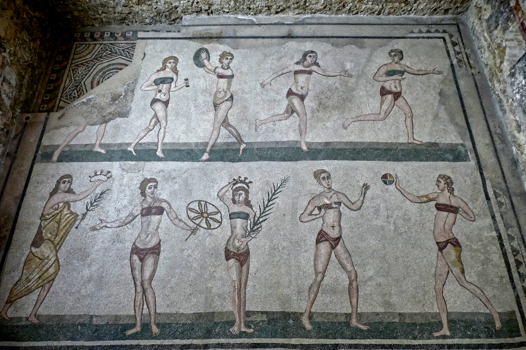 Female athletic
competitions,  seen on a day trip to the Valley of Temples of Agrigento and the Villa Romana del Casale.