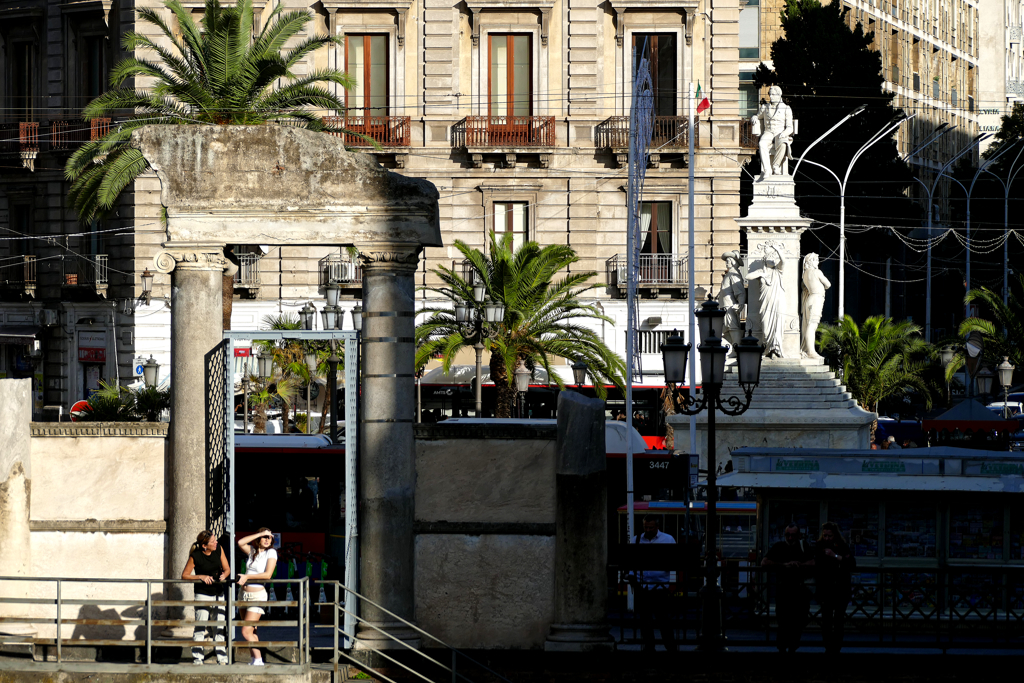 Entrance to the ruins of the Roman Theater in front of Palazzo Toscano.