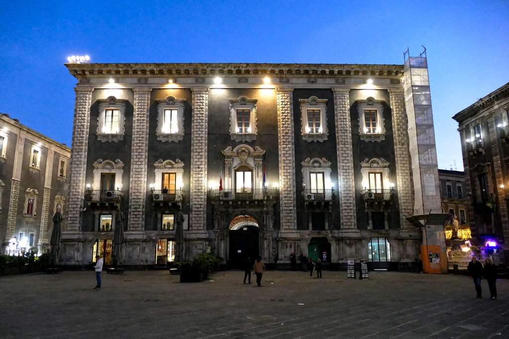 Palazzo dei Chierici, illuminated after dark.