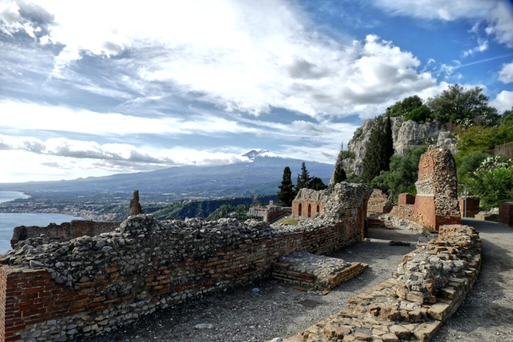 View of Mount Etna from the Greek theater in Taormina.