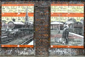 Mural depicting sentimental farewell scenes combined with train tickets, one of the best pieces of street art in Birmingham.