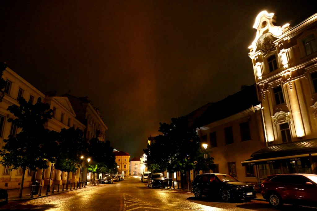 Old Town Vilnius at night.