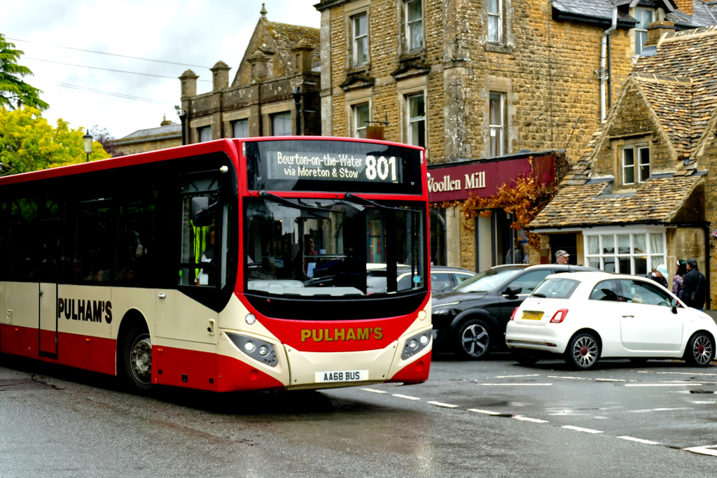 Bus going from the Cotswolds to Cheltenham.