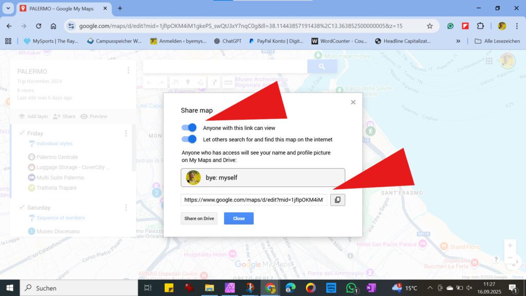 options to share a project on MyMaps